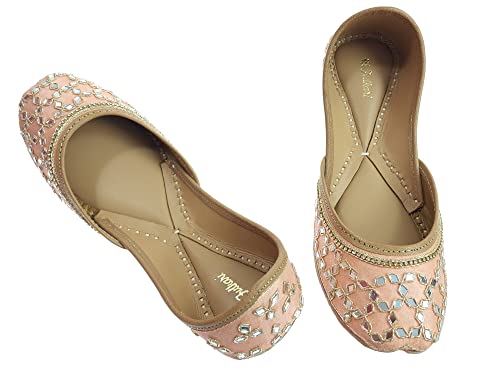 Image of Fulkari Women's Mirror Genuine Soft Leather Juttis | Bite and Pinch Free Jutis | Ladies Punjabi Jutti | Wedding Flat Stylish Mojari | Phulkari Ethnic Flats For Girls |