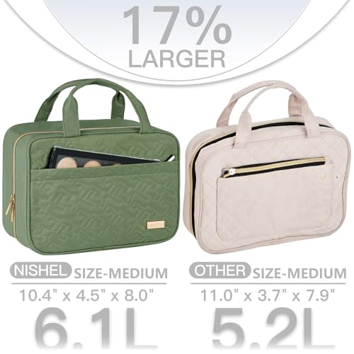 Image of NISHEL Travel Toiletry Bag for women, Portable Hanging Organizer for Travel-Sized Shampoo, Conditioner, Brushes Set, Makeup Accessories, Medium Size, Purple, Bronze Green