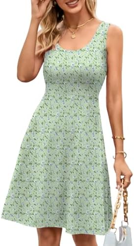 Herou Summer Beach Floral Dresses for Women A line Sleeveless Wide Strap High Waist Midi Tank Dress