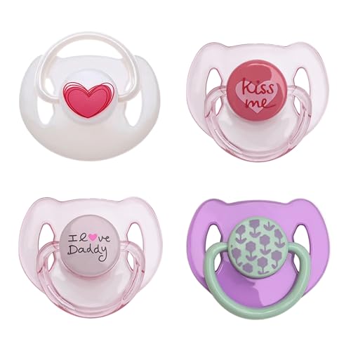 HELERKOL Magnetic Pacifier Set 4 Pieces Pink Purple Style Reborn Baby Dolls Feeding Toy Accessories Suitable for Kids Gifts (Pink Kissme+White Pink Heart+Purple+ILoveDaddy)