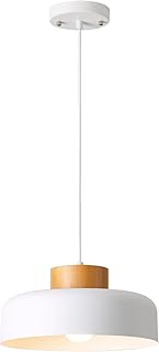 Modern Pendant Lights Kitchen Island, 12.6 inch,Natural Wood Cap, Drum Simple Ceiling Hanging Light Fixture for Dining Room, Table, Matte White
