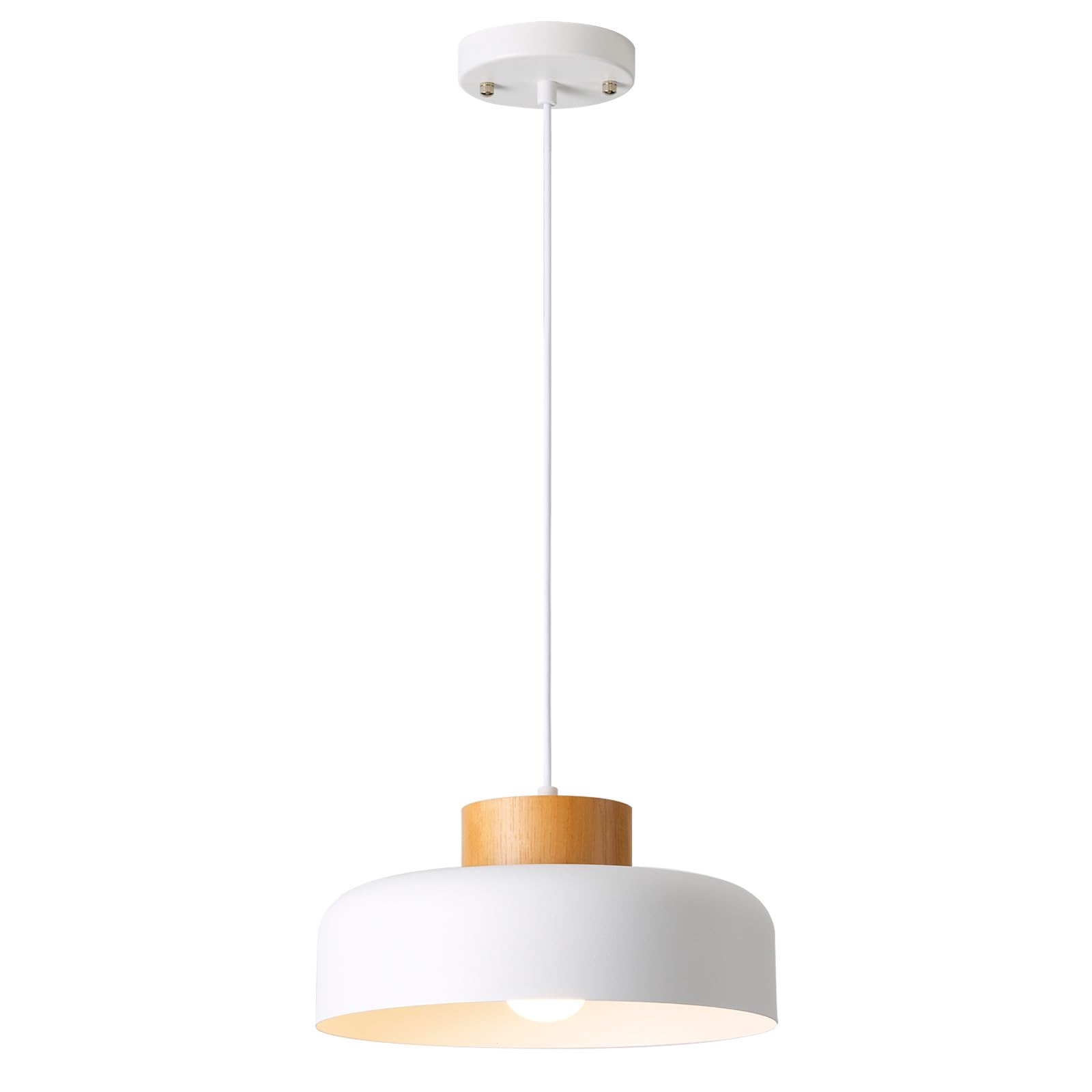 Modern Pendant Light,12.6 inch,Natural Wood Cap,Simple Pendant Lighting for Kitchen Island,Dining Room,Matte White