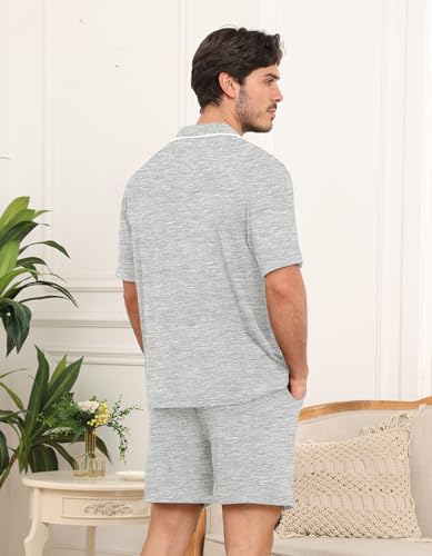 Matching Pajamas for Him Her Short Sleeve Couple Sleepwear Button Down 2 Pcs Pjs Sets Loungewear,Light Grey-S3