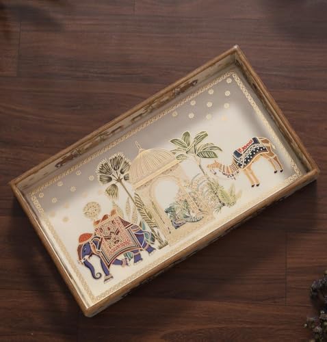 Image of Wooden Serving Tray with Gold Engraving | Set of 1 | Size :14 x 8 inch | Enamel Coated Waterproof | Rectangular | Decorative Trays | Royal Camel Medium