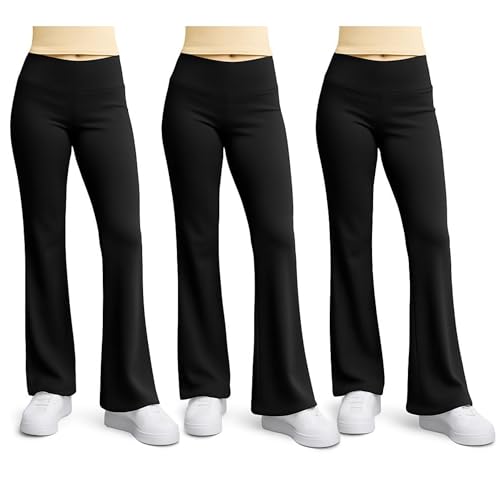 Beat Street Girls Flare Leggings - 3 Pack Athletic Kids Fold Over Waist Bell Bottom Pants for Yoga, Dance - Made in USA