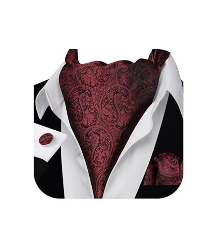 Image of Barry.Wang Ascot Ties Cravat Tie Men Paisley Plaid Scarf Self Tie Pocket Square Cufflinks Set Wedding Party