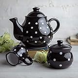 Handmade Black and White Polka Dot Large Ceramic 1,7l/60oz/4-6 Cup Teapot, Milk Jug, Sugar Bowl Set,...