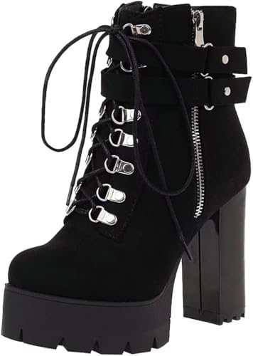 Agodor Women's Goth Platform Combat Booties Lace up Round Toe Chunky High Heel Gothic Ankle Boots (US 13, black)