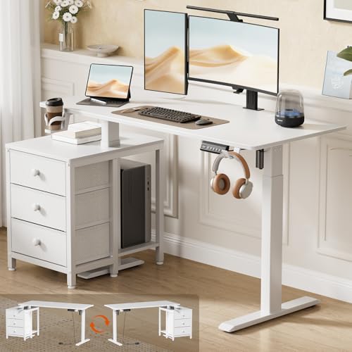 Image of REAHOME Electric Standing Desk with Drawers, 47 x 24 Inches Height Adjustable Sit Stand Desk with Storage, 3 Memory Preset Home Office Computer Table, Printer Cabinet, 2 Hooks, Cable Management, White