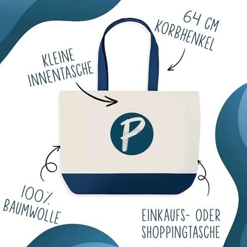 Planetee Beige-blauer Einkaufsbeutel Lotte – Glück ist eine wie dich zu haben | Großer Einkaufsshopper, Geschenk für Kollegin, Muttertag, Geburtstag, Schwester, Weihnachten, Tante, Patentante