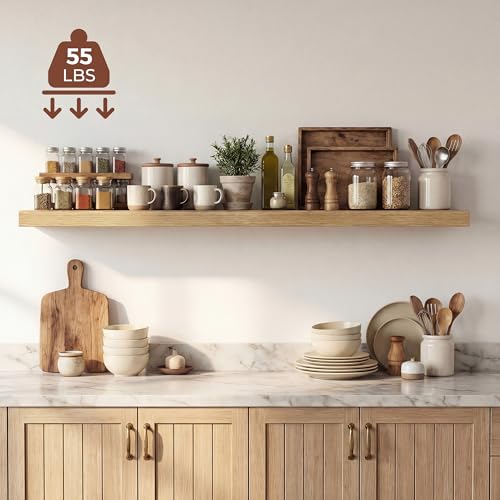 Image of Dreamland 48 Inches Floating Shelves for Wall, 9.3 inch Deep Long Floating Shelves Set of 1, Large Display & Storage Shelf, Wall Shelf for Bathroom Bedroom Living Room Kitchen Office, Oak