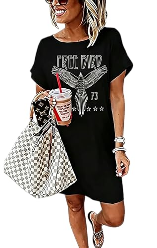 Image of Vintage Rock Country Music Dress for Women Rock Concert Band Graphic Tshirt Casual Letter Print Short Dress