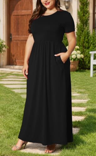 Image of KARALIN Women Plus Size Maxi Dress Short Sleeve Round Neck Loose Fit A-Line | Plus Size Long Dress,Summer Casual Maxi Dresses,Short Sleeve,Side Pockets,Round Neck,Elastic Waist,14 Plus - 26 Plus