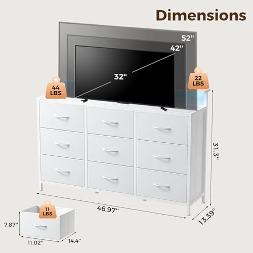 Image of NEWBULIG Wooden Top Media Console for 32-52 inch Dresser TV Stand with 9 Fabric Drawers & Open Shelves, Entertainment Center with LED Lights & Charging Station for Bedroom, White