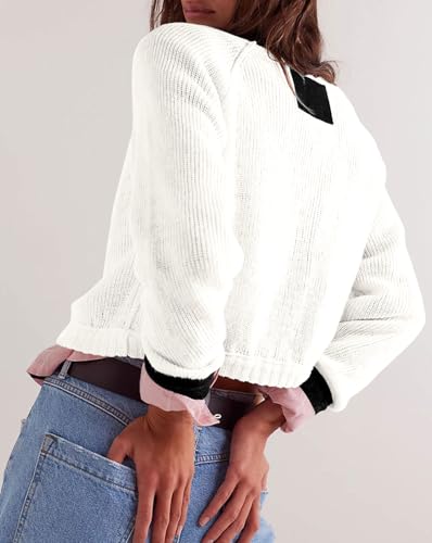 Image of loveimgs Women Knitted Button Down Cropped Cardigan Jacket Sweater Y2k Fall Knit Color Block Sweater Crewneck Crop Short Coat