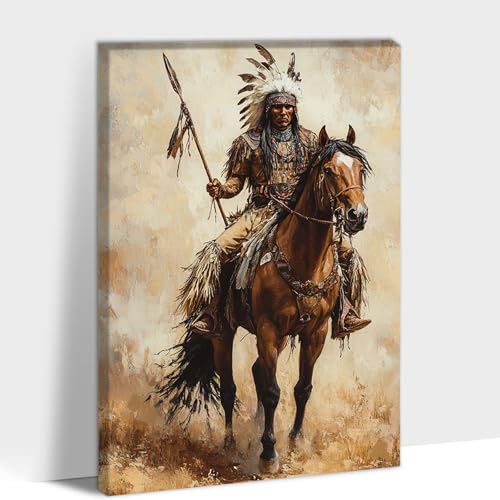 GUTTATY Native American Wall Art Canvas - Indian Warriors on Horseback Pictures Wall Decor for Home, Southwestern indian Wall Art Canvas Print, Framed Ready to Hang 8×12 inches