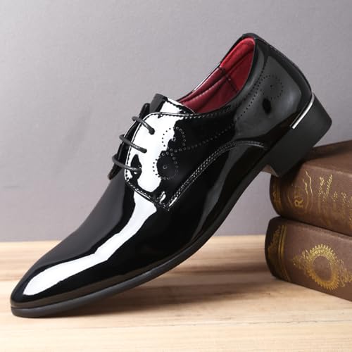 Image of Men Fashion Dress Business Shoe Pointed Toe Floral Patent Leather Lace Up Oxford Black Brown Red Grey