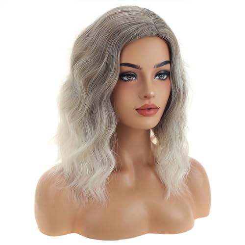 Image of BERON Brown and Platinum Wigs for Womens Short Curly Wavy Wig Girls 14 Inch Ombre Blonde Side Part Wigs Shoulder Length Heat Resistant Synthetic Cosplay Party or Daily Use Wig