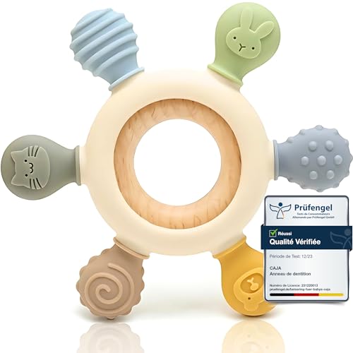 CAJA anneau de dentition bébé en silicone et bois jouet de dentition sans BPA motif animal cadeau naissance garçon fille prise facile