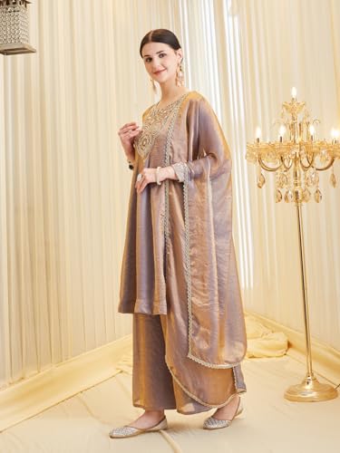 Image of MOKOSH Women's Silk Anarkali Kurta Palazzo with Dupatta | Anarkali Kurti Set | Embroidered | Sweetheart Neck Full Sleeve Ethnic Suit | 3 Piece Outfit
