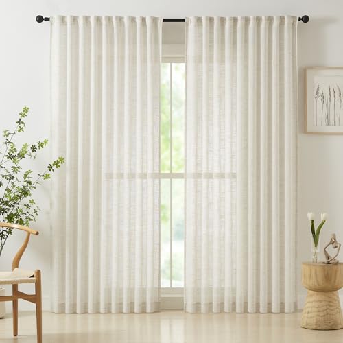 Treatmentex Cortinas Dormitorio y Salon, Visillos Salon Translúcidos 2 Piezas 136x245cm, Textura de Lino Beige Transparente con Pestaña Trasera para Oficina, Habitación, Comedor