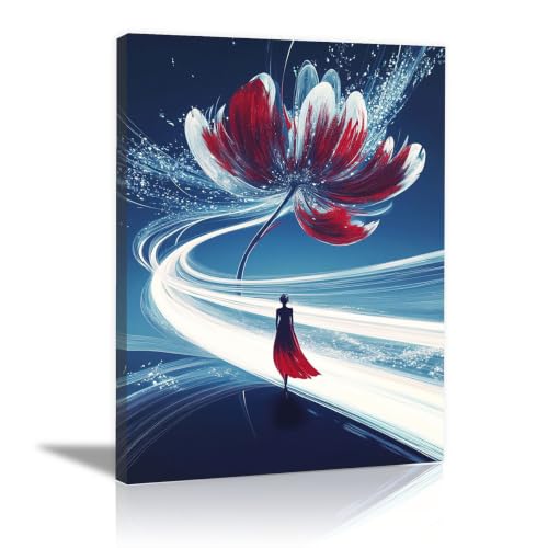 Tableau toile femme fleurs rouges abstrait pour habiller un mur vide