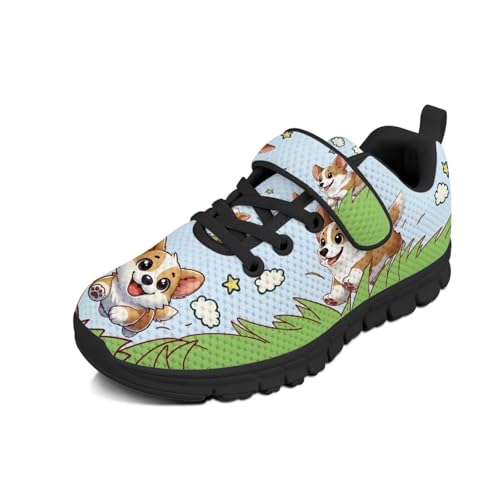 Little Kid Tennis Shoes Slip On Boys Girls Sneakers Casual Running Shoes Woven Breathable with Soft Soled Sports Hook-Loop Outdoor Shoes Cute Corgi Green Grass Pattern
