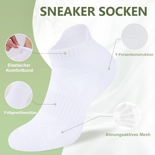 SockWaddles Sneaker Socken Herren Damen aus Bambus-Baumwolle, 6 Paar Atmungsaktive Sportsocken für Running, Sneakersocken Kurz Gepolstert Laufsocken Knöchelsocken Weiß Größe 39–42