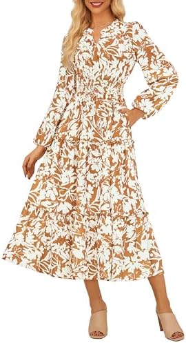 GRACE KARIN Women Floral Maxi Dress,2025 Fall Long Sleeve Casual Dresses,V Neck Boho Flowy Elegant Dress with Pockets