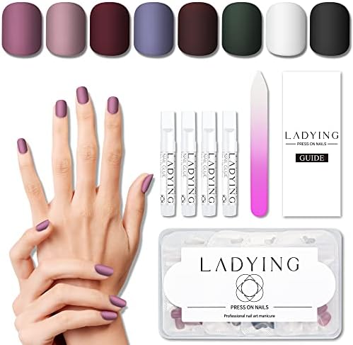LADYING 8 Packs (192 PCS) Matte Press on Nails Short Acrylic Nails Press ons False Nails for Women, Stick Glue on Nails Set with Glue Nail File, Nail Art Salon Ballerina French Fake Tips