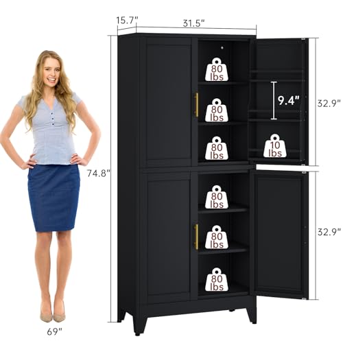 Image of PAOFIN 75 inch H Metal Storage Cabinet, Pantry with 6 Door Shelves and 4 Adjustable Shelves, Leveling Foot for Kitchen, Living Room and Dinning Room, Black