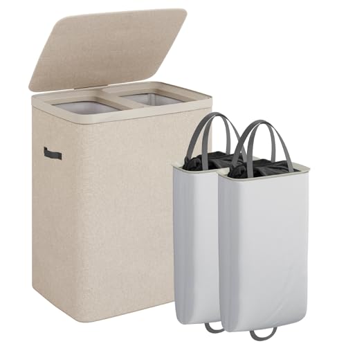 CASAMAYA Laundry Basket with Lid, Laundry Hamper 2 Section, 170L collapsible Laundry Organizer, Easy Assembly, with Handles and Removable Liners, 22 x 15.7 x 29.5 Inches, Beige JSP903M by CASAMAYA - Used condition - US$44.99