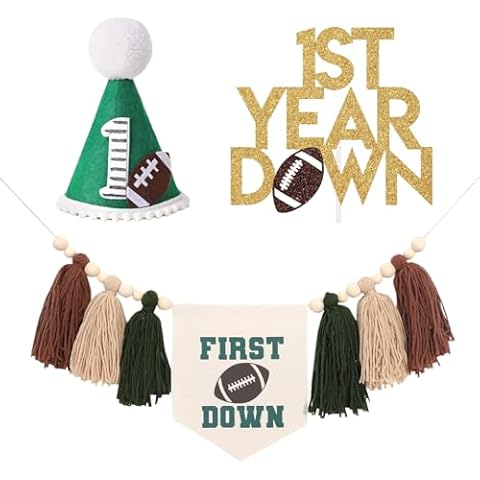 CasaPopz First Year Down Birthday Party Decorations Football Theme Set, 1st Birthday Football High Chair Banner, Cake Topper, Hat for Baby's First Birthday, First Down Football Party Supplies Cover