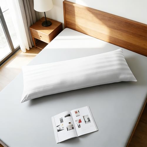 Image of 100% Egyptian Cotton Body Pillow Cover Long Pillow Case, 600 Thread Count Bed Pillow Protector with Zipper, Sateen Weave Cooling Full Body Pillowcase for Adults 20x54 Inches (1PC, Body, Striped White)