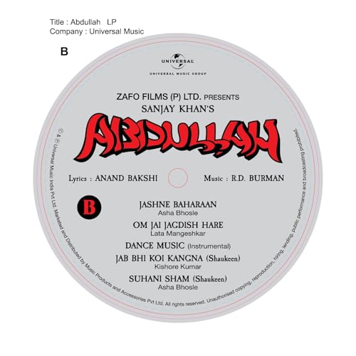 Image of ABDULLAH 180GMS LP R.D.BURMAN (WITH TWO BONUS TRACKS FROM SHAUKEEN) Abdullah - Hindi Film Soundtrack | LP Vinyl Record | Bollywood Classic | Music by R.D. Burman