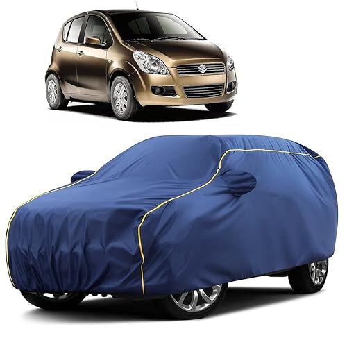 Image of Sulfar 100% Water Resistant Car Body Cover Compatible with Mirror for Maruti Suzuki Ritz (Triple Stitched, Full Bottom Elastic, Blue Taffeta with Yellow Piping)