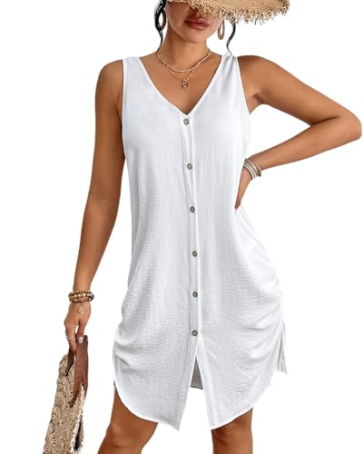 Bsubseach Badeanzug Coverup für Frauen V-Ausschnitt Ärmellose Strandkleid Urlaub Outfits Weiß XL