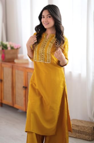 Image of Janasya Women's Silk Blend Tie & Dye Yoke Embroidered Straight Kurta Pant Set