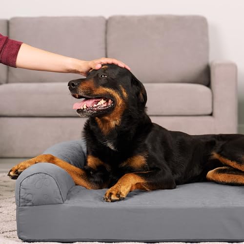 Image of Furhaven Orthopedic Dog Bed for Large Dogs w / Removable Bolsters & Washable Cover, For Dogs Up to 95 lbs - Pinsonic Quilted Paw L Shaped Chaise - Titanium, Jumbo /XL