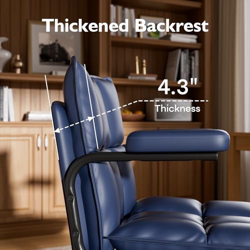 Image of Mid Century Modern Desk Chair, Vintage Leather Office Chair, Blue | Petite Computer Chair for Small to Medium Women, Thickened Back, Cozy Seat, Adjustable Height for Home
