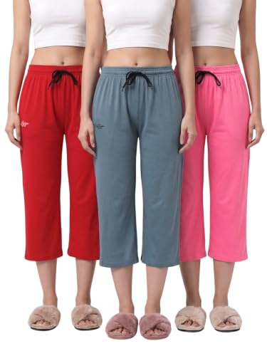Image of Fflirtygo Women's Cotton Plain Calf Length Capri | Nightwear Pajama | 3 /4th Solid Pyjama Pant | Black Navy and Lavender Lounge Pants | Casual wear & Lounge Wear Capri Combo (Pack of 3)