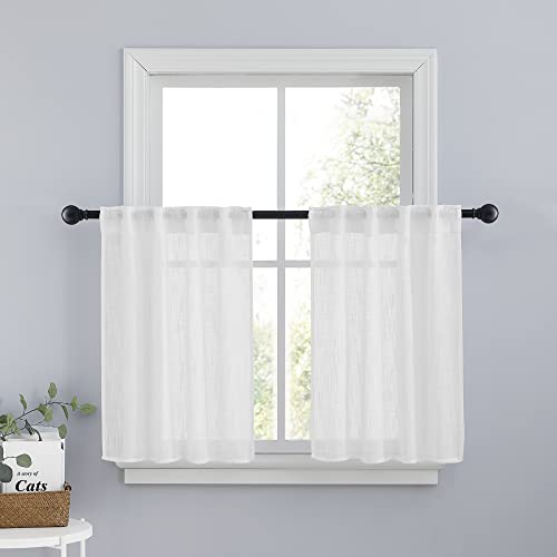 PONY DANCE Cafe Curtains 24 inch Length Set of 2, White Linen Textured Semi Sheer Boho Farmhouse Short Curtains for Small Bathroom RV Basement Country Half Window Tier for Kitchen, 26 inch Wide