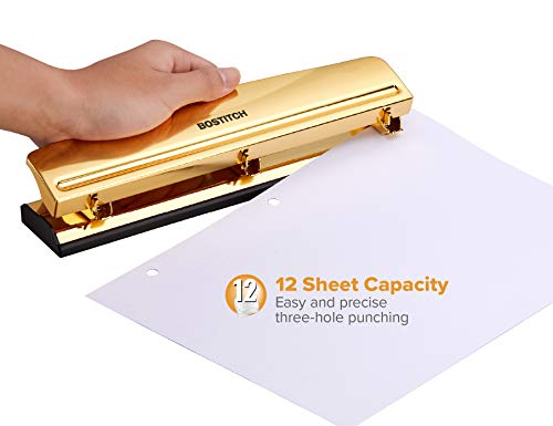 image for Bostitch Office 3 Hole Punch, 12 Sheet Capacity, Metal, Gold Chrome