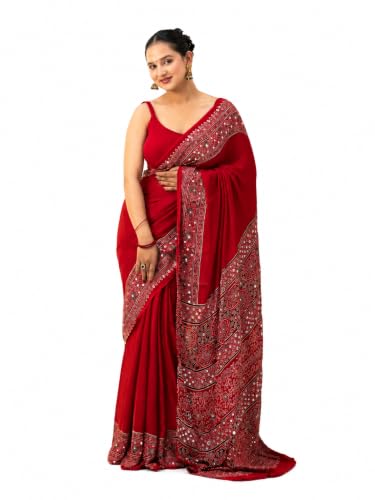 Image of Ajrakh Modal Silk Saree for Women | Mirror Work Black Saree | Gajji Silk Red Pallu Tassels | Designer Sarees for Women Party | Ajrakh Print Saree | Modal Silk Sarees Original