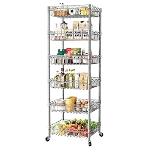 SINGAYE 6 Tier Wire Shelving Unit with Wheels Baskets Storage Rack Corner Shelves Adjustable Shelf Closet Bathroom Organizers Metal Pantry Kitchen Garage Laundry Room 13.5″ D x 13.5″ W x 63″ H Silver