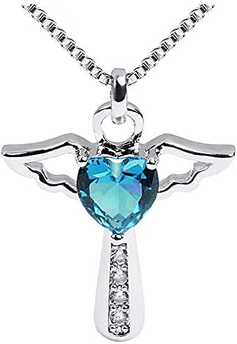 Birthstone Cross Necklace Crystal Angel Wing Pendant Necklace Chain Heart Charm Jewelry for Women Girls Mom Gifts (Blue)
