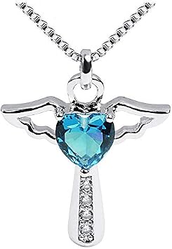 Birthstone Cross Necklace Crystal Angel Wing Pendant Necklace Chain Heart Charm Jewelry for Women Girls Mom Gifts Blue