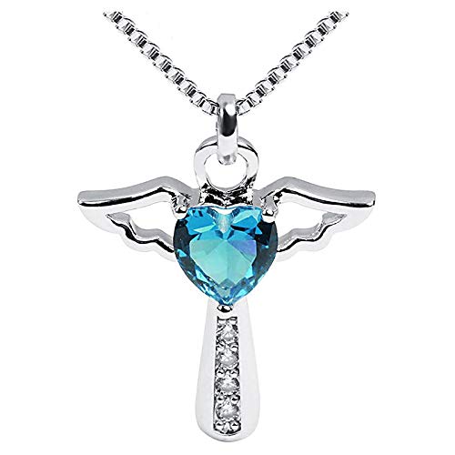 Dishowme Pierre de naissance croix collier cristal ange aile pendentif collier chaîne coeur bijoux à breloques pour femmes filles maman cadeaux (Bleu)