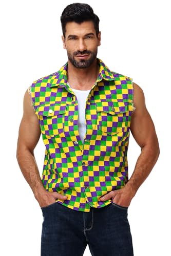 Image of AOBUTE Mens 4th of July Denim Vest American Flag Print Sleeveless Jean Jacket