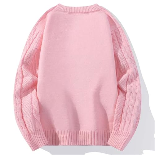 Men's Knitted Casual Sweater Round Neck Twists Weaving Pink Pullover Fashion Warm Tops3